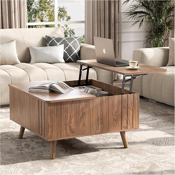 JOINICE 32" Square Lift Top Coffee Table with Storage,Mid Century Modern Walnut Center Table with Rising Desktop for Living Room, Brown Wood Finish