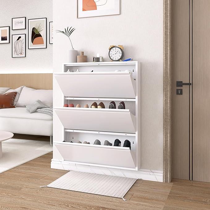 LUCYPAL White Shoe Cabinet Storage for Entryway,Slim Shoe Cabinets with 3 Flip Drawers,Metal Hidden Wall Shoe Cabinet for Living Room,Bedroom,Apartment 43" H*31.5" W*6" D