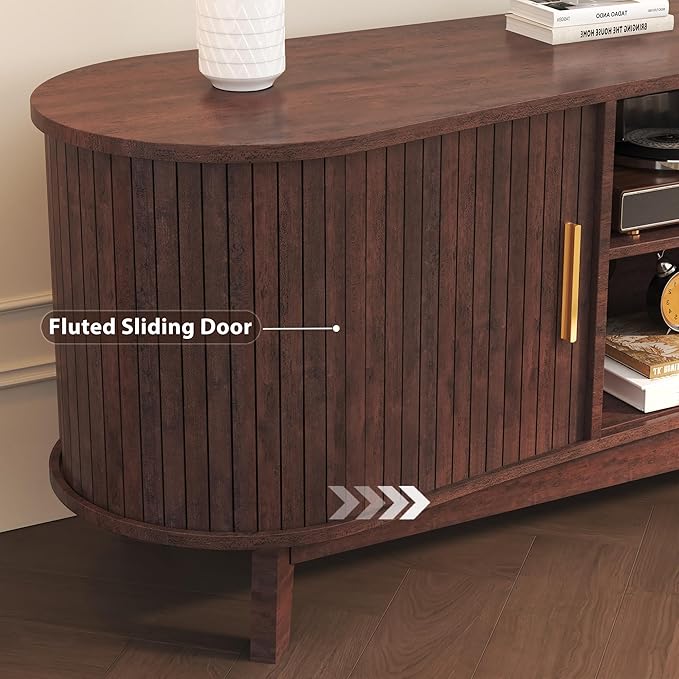 Mid Century Modern TV Stand for 65 Inch TVs, Fluted TV Stands with Open Shelves and Sliding Door, Media Cabinet with Power Outlet, Entertainment Center with Storage for Living Room, Red Brown