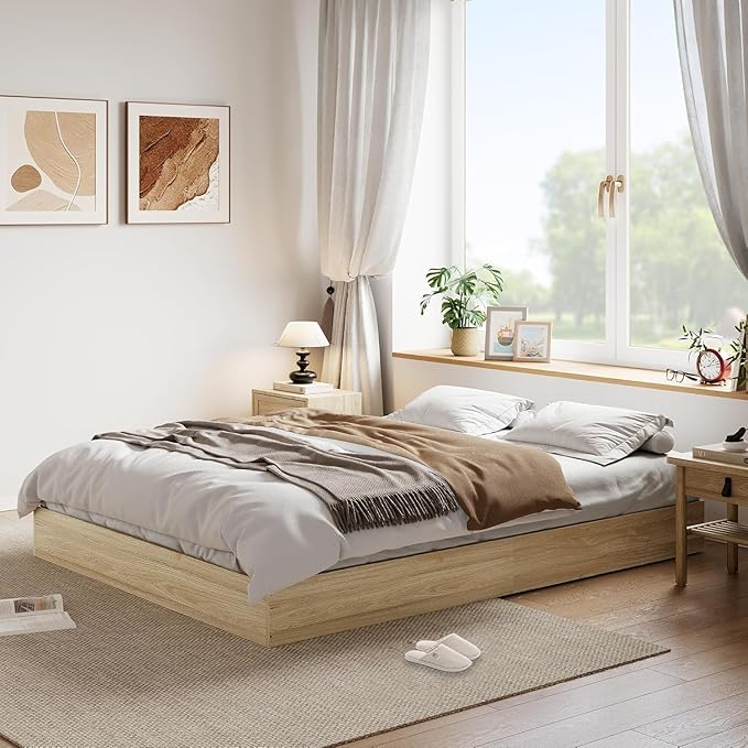 Garvee King Size Solid Wood Platform Bed with Sturdy Wooden Slats, Floor-Standing Bed Frame, Modern Minimalist Design Bed Frame, No Box Spring Needed, Space Saver, Easy Assembly, Golden Tan Wood