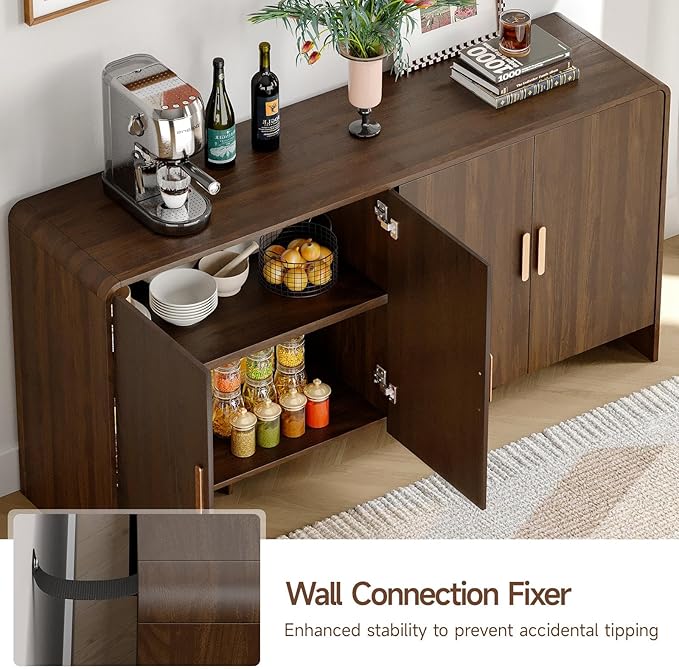 ONBRILL 60" Sideboard Buffet Cabinet with Storage, Curved Design Farmhouse Modern Coffee Bar Cabinet with 4 Doors & Adjustable Shelves for Living Room, Kitchen, Hallway, Walnut