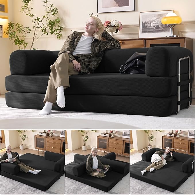 WHGBJA 79" Convertible Sleeper Sofa Bed with Cylindrical Pillow, Corduroy Folding Mattress Couch with Fixed-Shape Frame, Floor Sofa Lounge Couch for Living Room Bedroom Lounge Studio (Black)