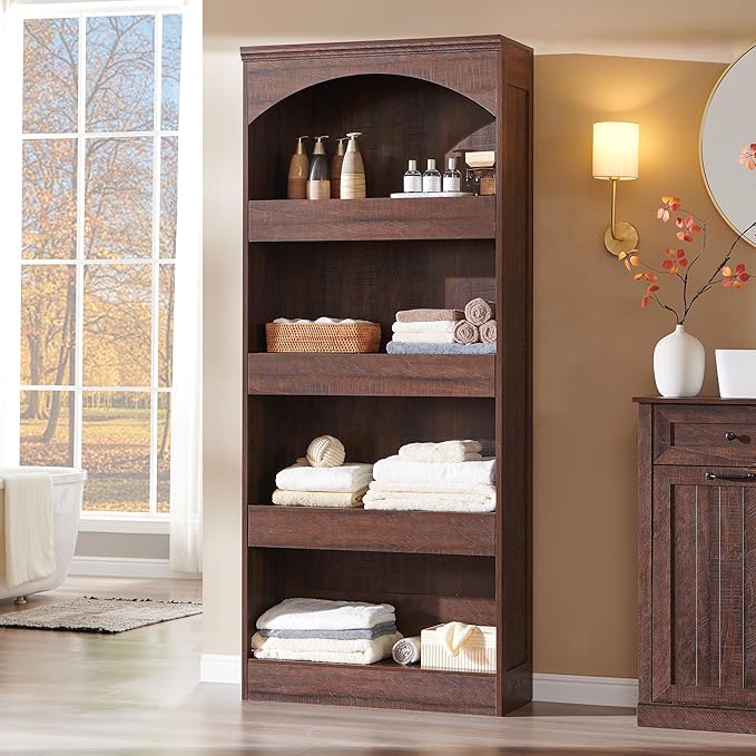 IFGET 76" Tall Arched Bookcase with 1PC Magnetic Lock Drawer, Modern Wooden Arch Bookshelf w/3 Pull-Out Drawers, Farmhouse 4 Tiers Book Shelf w/Open Shelves for Living Room, Office (Brown)