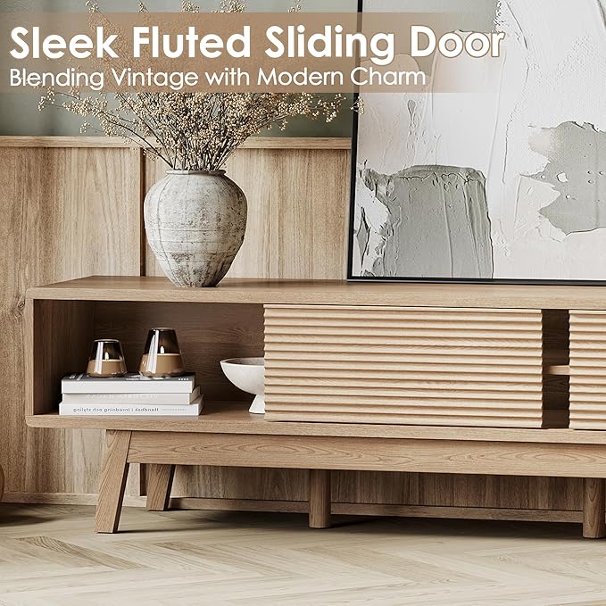 TOLEAD 59" TV Console, Mid Century Modern Media Console for 55/60/65 Inch TV, Low Profile TV Stand with Fluted Sliding Doors, Boho Light Wood Credenza for Living Room, Oak