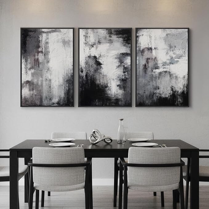 Large Framed Abstract Black and White 3 Piece Wall Art for Living Room, Modern Minimalist Grey Neutral Canvas Artwork for Walls, Contemporary Painting Print Wall Decor for Bedroom Office, 24x36 Inch