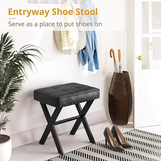 LUE BONA Vanity Stool - Square Faux Leather Makeup Seat With Metal X Legs, Small Ottoman Chair for Makeup Room, Living Room - Modern Padded Foot Rest, Black