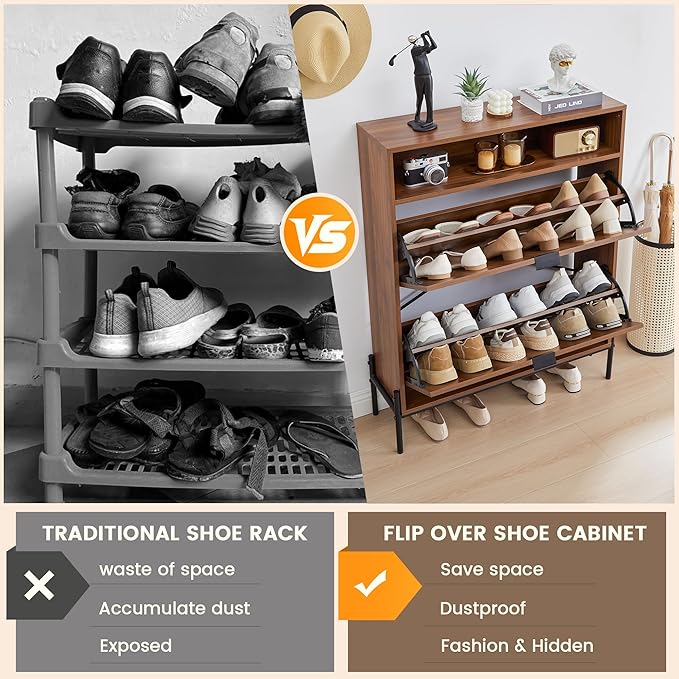 FurSch Fluted Shoe Cabinet with 2 Flip Drawers, Slim Freestanding Hidden Shoe Cabinet Organizer, Narrow Shoes Storage Rack for Entryway (All Walnut-2 Drawers, 9.45" D x 31.5" W x 41.93" H)