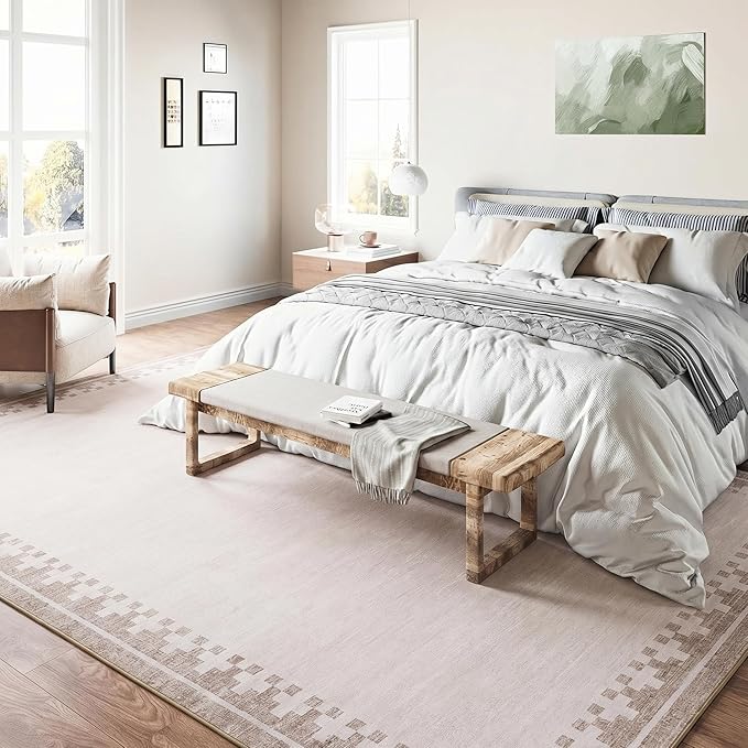 GarveeHome Washable 5x7 Rug Modern Low Pile Living Room Bedroom Rug with Non Sliip Back Geometric Bordered Indoor Carpet for Dining Room Farmhouse Home Office Decor, Light Beige/Seashell