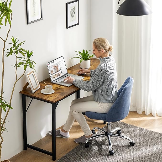 Sweetcrispy Computer Small Office Desk 32 Inch Student Study Writing Work with Metal Frame Wood Tabletop Modern Simple PC Home Bedroom Table, Rustic Brown