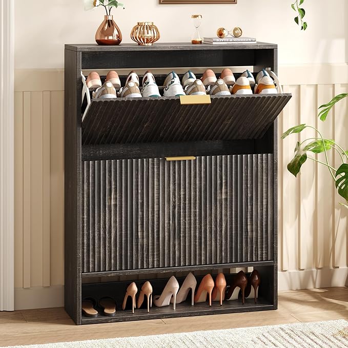 Hootata 31.5''W Black Shoe Storage Cabinet for Entryway with 2 Flip Drawers, Fluted Slim Shoe Cabinet, Free Standing Wooden Shoes Organizer for Foyer, Hallway