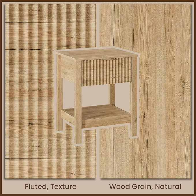 Fluted Night Stand with Golden Handle,Set of 2 Mid-Century Nightstands with Drawer, Bedside Table with Storage Shelf,Large Wood End Tables for Livingroom,Bed Side Tables for Bedroom, Natrual Oak
