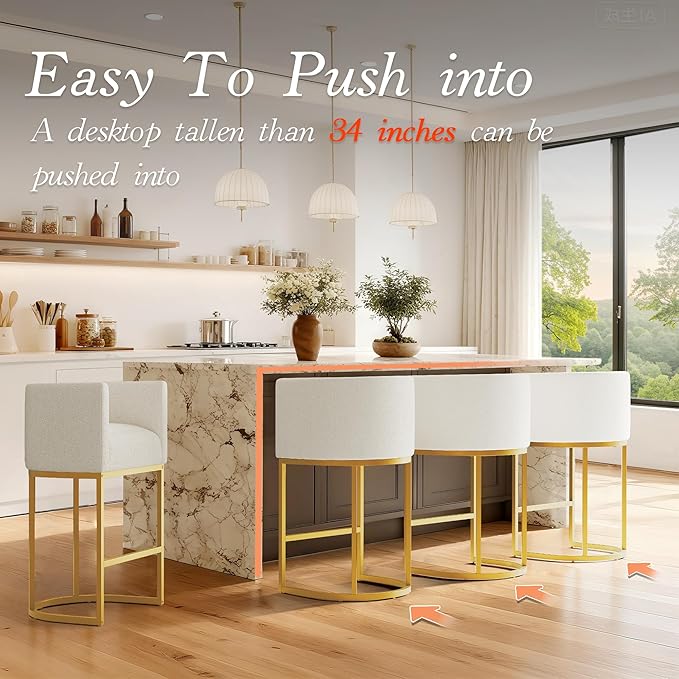Modern Counter Height Bar Stools,Bar Stools Set of 2,Fabric Upholstered Barrel Barstools with Backs,26'' Kitchen Island Chairs,Metal Gold Frames,Off White Linen