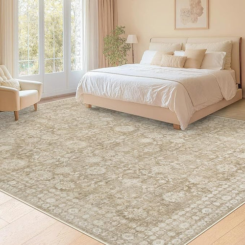 9x12 Area Rugs for Living Room: Washable Large Vintage Floral Rug Low Pile Non-Slip Boho Carpet for Bedroom Home Office Dining Room (Brown, 9'x12')