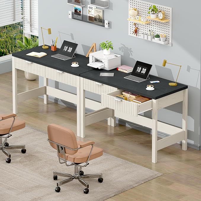 YOMILUVE Fluted Computer Desk with 2 Drawers, 39 Inch Small Computer Desk with Storage, Compact Writing Study Desk for Small Spaces, Black and White