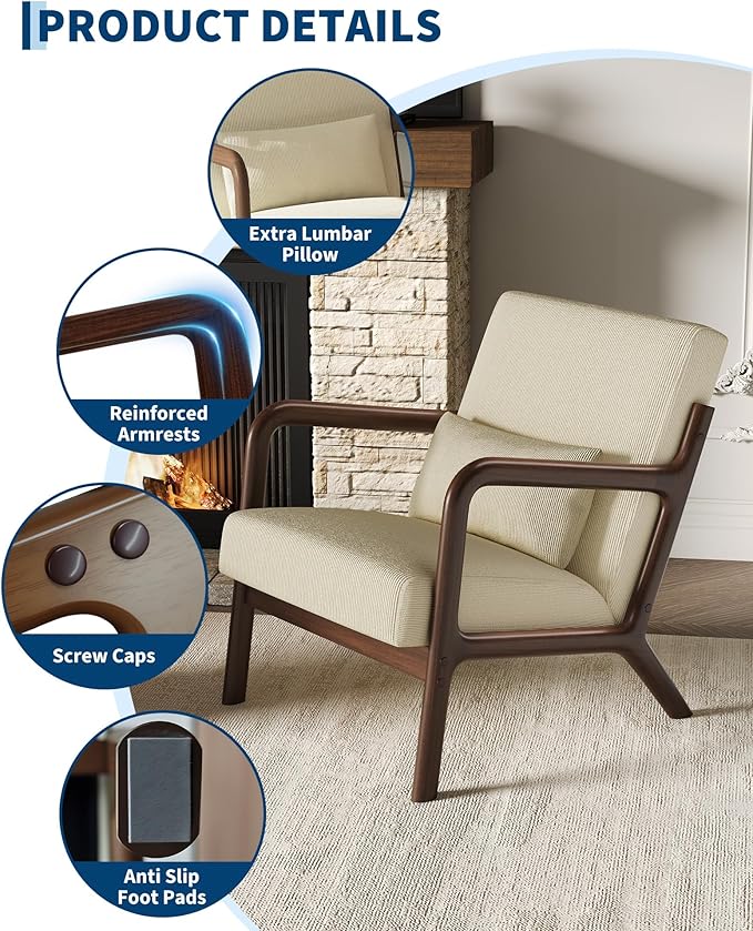 Garvee Mid-Century Modern Accent Chair, Fine Wale Corduroy Upholstery, Solid Wood Armchair with Removable Lumbar Pillow, Sturdy Reading Chair for Living Room, Bedroom, Guest Room, Easy Assembly, Beige