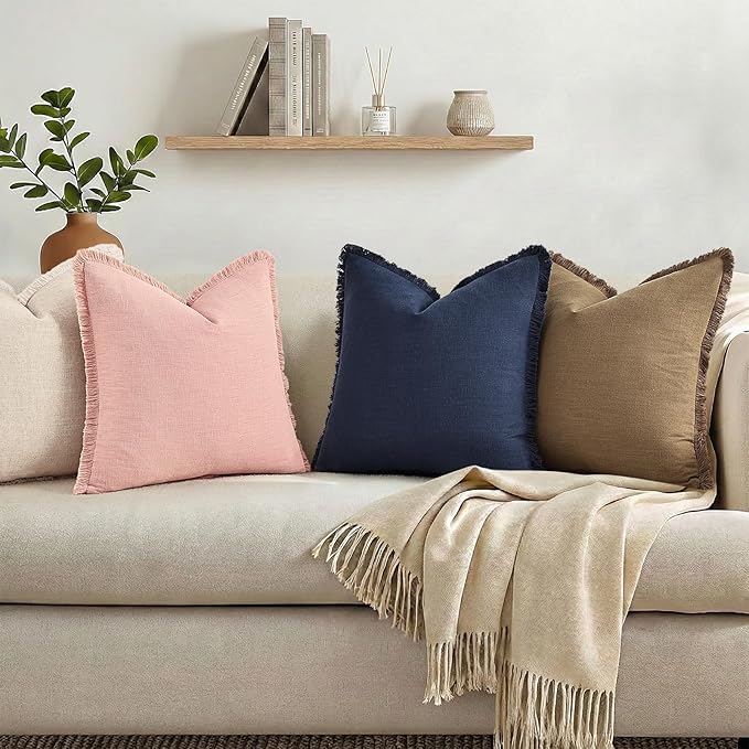 decorUhome Summer Decorative Neutral Linen Fringe Throw Pillow Covers Set of 2 Navy Blue Pillow Covers with Tassels Soft Farmhouse Boho Accent Pillow Cases for Couch Bed Sofa 18x18 Inch