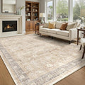 Vintage Neutral 7x9 Rugs for Bedroom, Washable Non Slip Low Pile Thin Area Rug for Living Room Dining Room, Farmhouse Carpet Rug for Playroom Guest Room Home Office, Earth Tone Beige Taupe