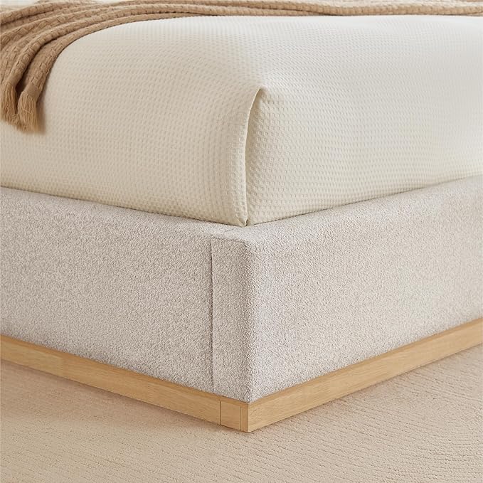 KISLOT Upholstered Queen Size Bed Frame, Boucle Fabric Platform Bed Mattress Foundation Noise-Free No Box Spring Needed Easy Assembly