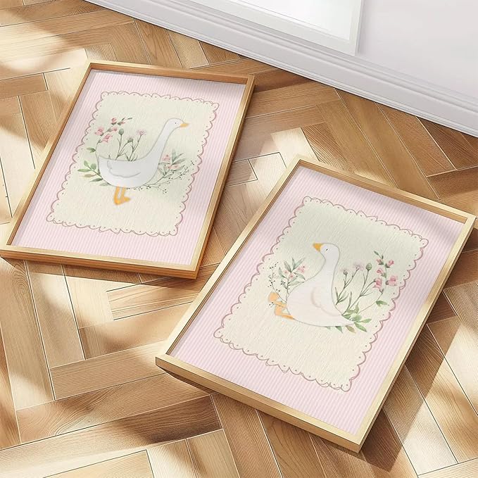 Vintage Nursery Wall Art Silly Goose Canvas Poster Pink Coquette Wall Decor Girls Room Pictures Baby Kids Poster Cute Animal Prints Floral Painting Artwork for Gallery Bedroom 12x16 Inch Unframed