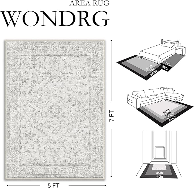8x10 Grey Washable Area Rug for Living Room Bedroom Neutral Soft Floral Non Slip Large Throw Rug Lightweight Vintage Low Pile Distressed Carpet Office Playroom Dining Room Home Decor
