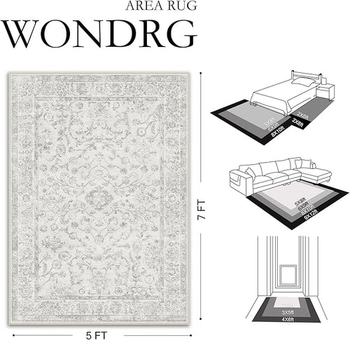 8x10 Grey Washable Area Rug for Living Room Bedroom Neutral Soft Floral Non Slip Large Throw Rug Lightweight Vintage Low Pile Distressed Carpet Office Playroom Dining Room Home Decor