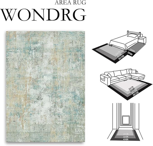 8x10 Washable Area Rug Teal Beige Abstract Non Slip Soft Low Pile Rug for Living Room Bedroom Dining Room Office Neutral Modern Indoor Throw Carpet for Home Decor