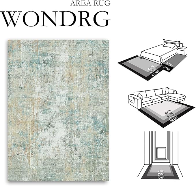 10x12 Washable Area Rug Teal Beige Abstract Non Slip Soft Low Pile Rug for Living Room Bedroom Dining Room Office Neutral Modern Indoor Large Throw Carpet for Home Decor