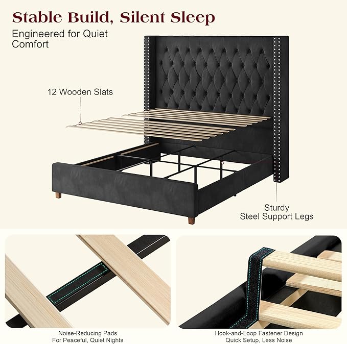 PaPaJet California King Size Bed Frame with 61.4" Tall Wingback Design Headboard, Velvet Upholstered Platform, Handmade Deep Button Tufting, Solid Wood Legs, No Box Spring Needed, Black