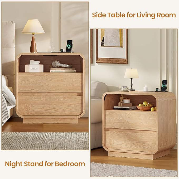 HAUOMS 25" Tall Modern Nightstand with Charging Station, 23.6" Wide Wood Bedside Table w/2 Storage Drawers, Curved Profile Design, Large Mid Century End Table for Bedroom, Living Room, Natural Oak