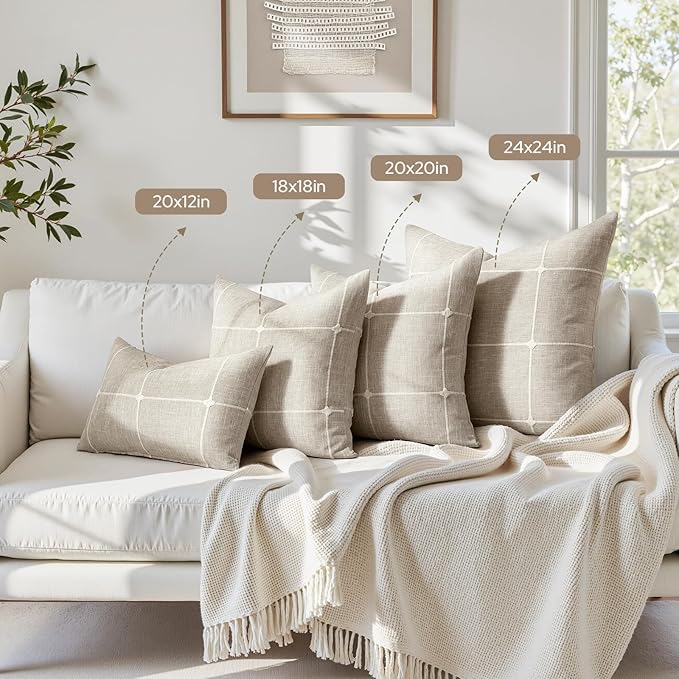 HOMEIDEAS Decorative Plaid Throw Pillow Covers 24x24 Set of 2, Tan Farmhouse Pillow Covers, Neutral Faux Linen Cushion Covers for Couch Sofa Bed Home Decor