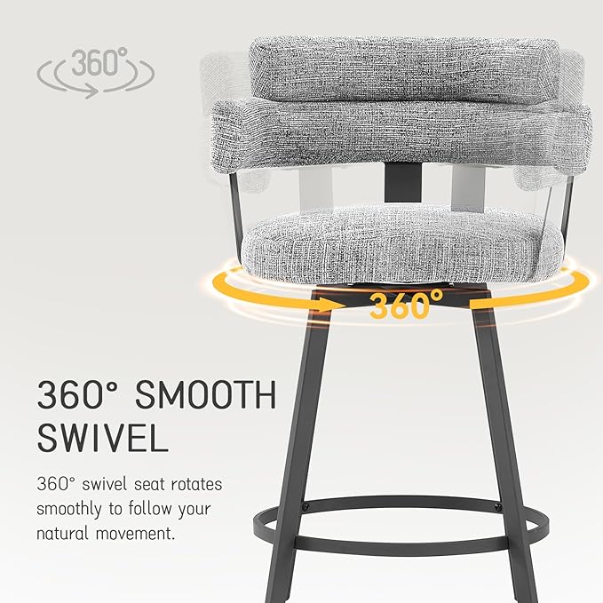 Counter Height Bar Stools with Full Back – Swivel Counter Stools Set of 2 with Linen Padded Back, Metal Footrest, Modern Barstools for Kitchen Counter, Island, Dining Room, Grey 24 inch