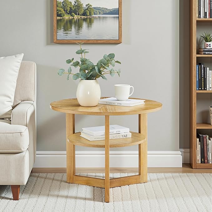 25" Round Coffee Table for Small Spaces, Circle Wood Coffee Table with Storage Shelf, 2 Tier Small Center Table for Living Room Apartment Home Furniture, Easy Assembly (Natural Brown,25"Dx25"Wx20"H)