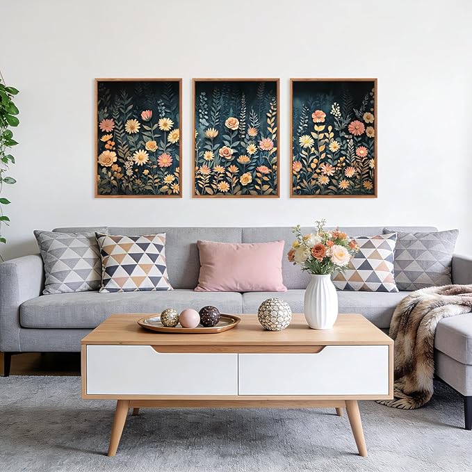 HPNIUB Modern Dark Wildflower Framed Canvas Wall Art Set,Minimalist Nature Jungle Botanical Landscape Wall Decor, (12x16 Inch) Farmhouse Painting for Living Room, Bedroom, Office
