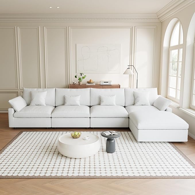 155.9" L Shape Cloud Modular Couches for Living Room, Modern Sectional Sofa with Chaise Ottomans, Deep Seat Couch Cushion Covers Washable&Removable, Sectional Sofas for Home Office Apartment (White)