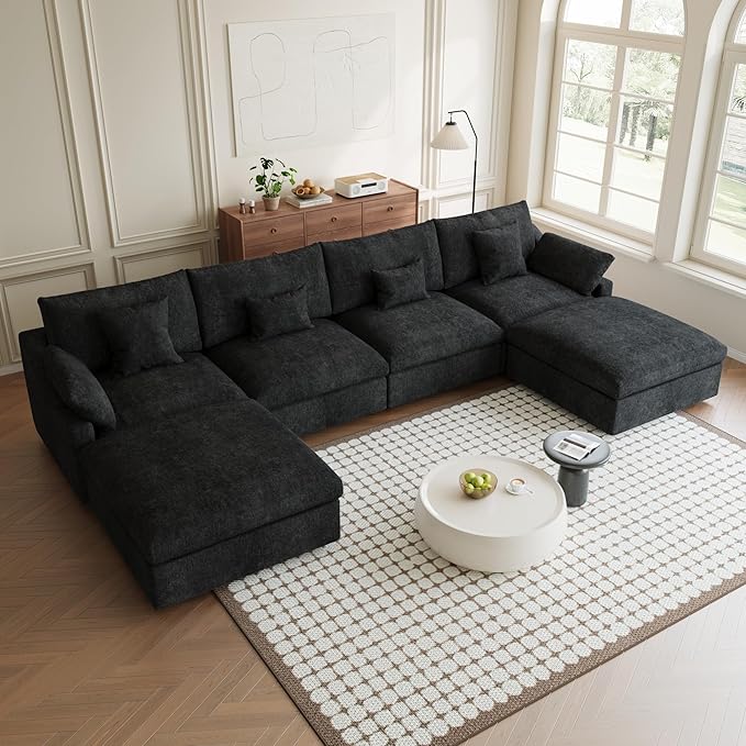 Modular Sectional Sofa Cloud Couch, 155.9" Oversized U Shaped Couch with Chaise Ottomans, Modern Minimalist Deep Seat Couches for Living Room, Sofa Covers Washable&Removable, Black