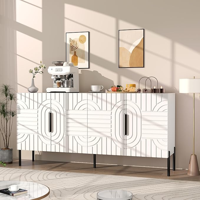 Fluted Sideboard Buffet Cabinet: 63" Modern White Sideboard Cabinet with Storage, Dining Room Credenza with 4 Doors, Living Room Console Table with Cabinets (White)