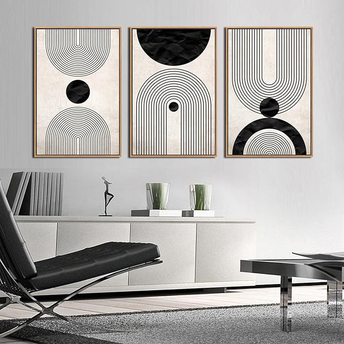 arteWOODS Framed Wall Art Canvas Set Mid Century Boho Pictures Modern Abstract Geometric Wall Decor Minimalist Black Beige Bohemian Painting Artwork for Living Room Bedroom Office 32" x 48" *3 Natural