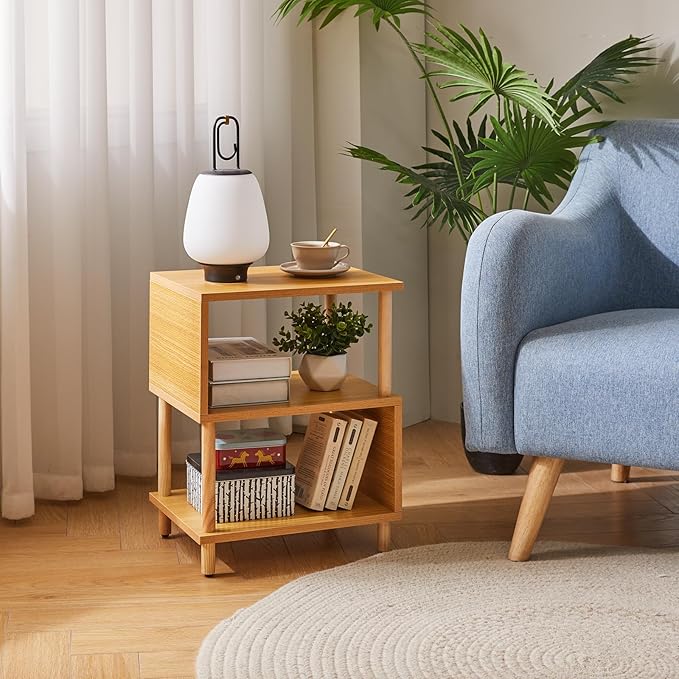 Aibiju Wooden Night Stand with Open Shelf, Nightstand with Solid Wood Legs, S-Shaped Bed Side Table 3 Tier, End Table Natural Wood YD-TM152N