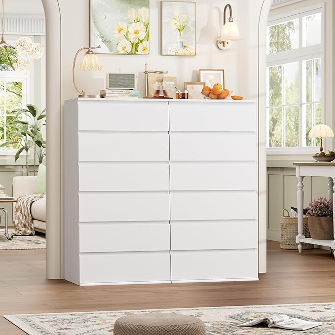 FOTOSOK White Dresser, 6 Drawer Dresser, Modern Tall Floor Storage Cabinet with Metal Sliding Rail, Wooden Handleless Drawer Cabinet, 6-Layer Large Capacity Vertical Dressers for Home & Office