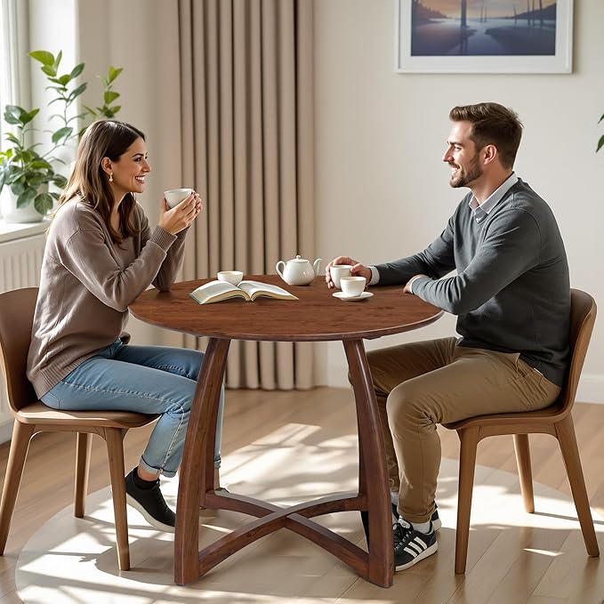 Acacia Alma 36 Inches Round Dining Table for 4, Solid Rubber Wood, Mid-Century Modern Kitchen & Dining Room Tables, Space-Saving for Living Room, Wooden Waterproof Thickened Tabletop, Walnut