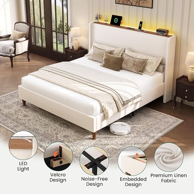 LARMACE Queen Size Bed Frame with LED Lights and Charging Station Linen Upholstered Platform Bed Frame with 51.2" Tall Headboard Wingback and Storage Shelf, No Box Spring Needed, Noise Free, Beige