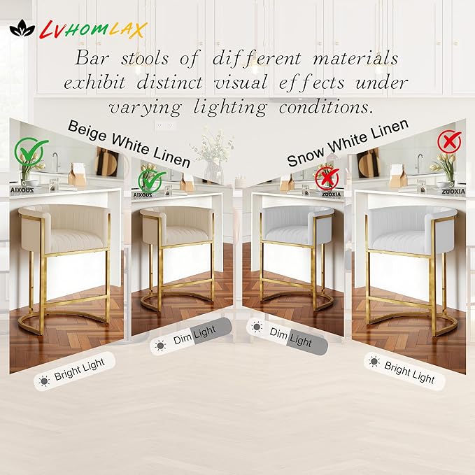 Modern Counter Height Bar Stools,Bar Stools Set of 2,Fabric Upholstered Barrel Barstools with Backs and Arms,26'' Kitchen Island Chairs,Mirror Champagne Gold Base/Beige White Linen