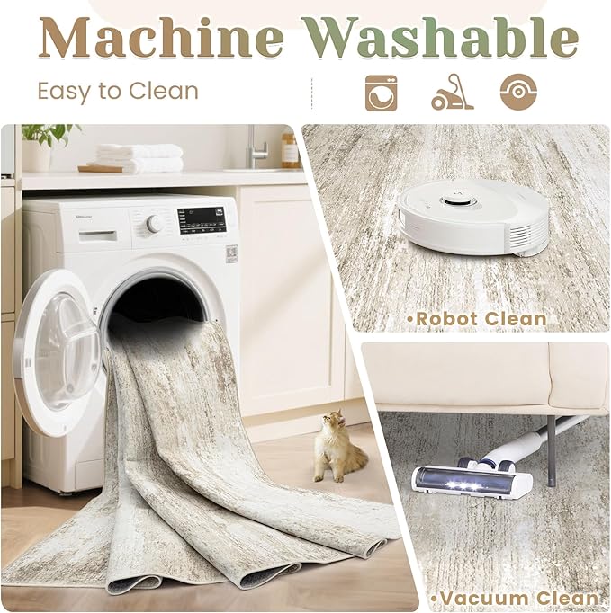 Washable 2x8 Runner Rug for Hallway: Kitchen Runner Non Slip Neutral Soft Abstract Modern Low Pile Stain Resistant Carpet Runner for Entryway Bedroom Bathroom Laundry Indoor Floor (Beige, 2'x8')