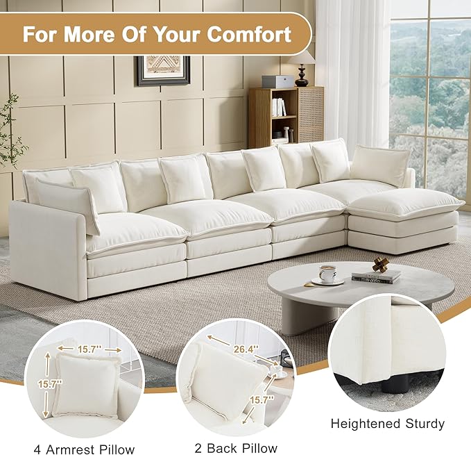Modular Sectional Sofa, 146.5 Inch L-Shaped Cloud Sofa with Deep Seat Chenille Sofa with Cushions, Four Seater Sectional Sofa for Living Room Apartment,White