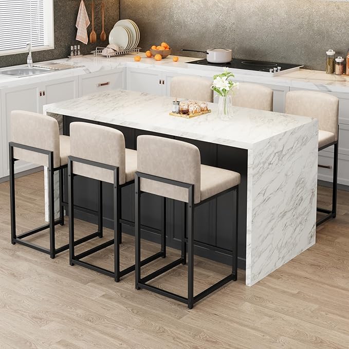 GarveeHome Bar Stools Set of 2, Modern Counter Height Bar Stools with Back and Footrest, Faux Leather Upholstered Barstools Chairs for Kitchen Island Dining Room Bar, Beige