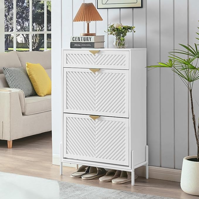Shoe Cabinet Storage with 2 Flip Drawers, Narrow Hidden Shoes Organizer Cabinet for Entryway, Freestanding Slim Shoe Rack Front Door Entrance(White)