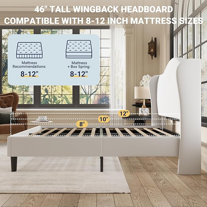 Allewie Full Size Bed Frame, Upholstered Wingback Platform with 47" Tall Tufted Headboard, Plush Velvet Fabric, Modern Minimalist Design, No Box Spring Required, Tool-Free Assembly, White