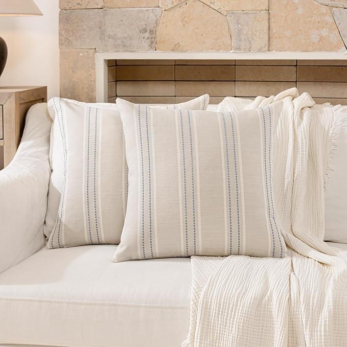 Hckot Throw Pillow Covers 18x18 Set of 2 Blue Pillow Covers Farmhouse Decorative Pillows Textured Linen Square Cushion Covers for Sofa Couch Bed Living Room Decor(Dusty Blue)