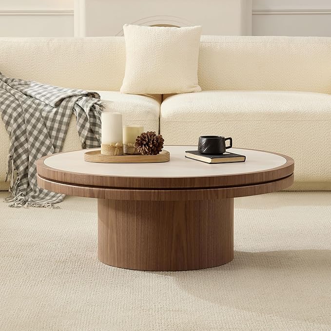 35.43" Farmhouse Round Coffee Table with Sintered Stone Tabletop, Sturdy Wood MDF Pedestal Coffee Tables for Living Room, Modern Circle Center Tea Table for Apartment, Office Bedroom Walnut
