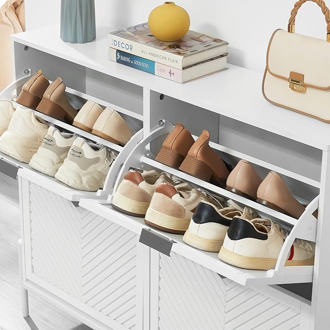 Shoe Cabinet Storage with 4 Flip Drawers, Narrow Hidden Shoes Organizer Cabinet for Entryway, Freestanding Slim Shoe Rack Front Door Entrance(White)